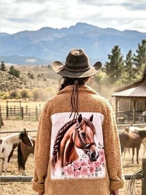 Rare HORSE/rose floral upcycled equestrian cottagecore Sherpa Teddy jacket